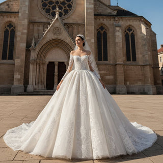 Ball Gown Off Shoulder Long Sleeves Beach Wedding Dress - Rosymae