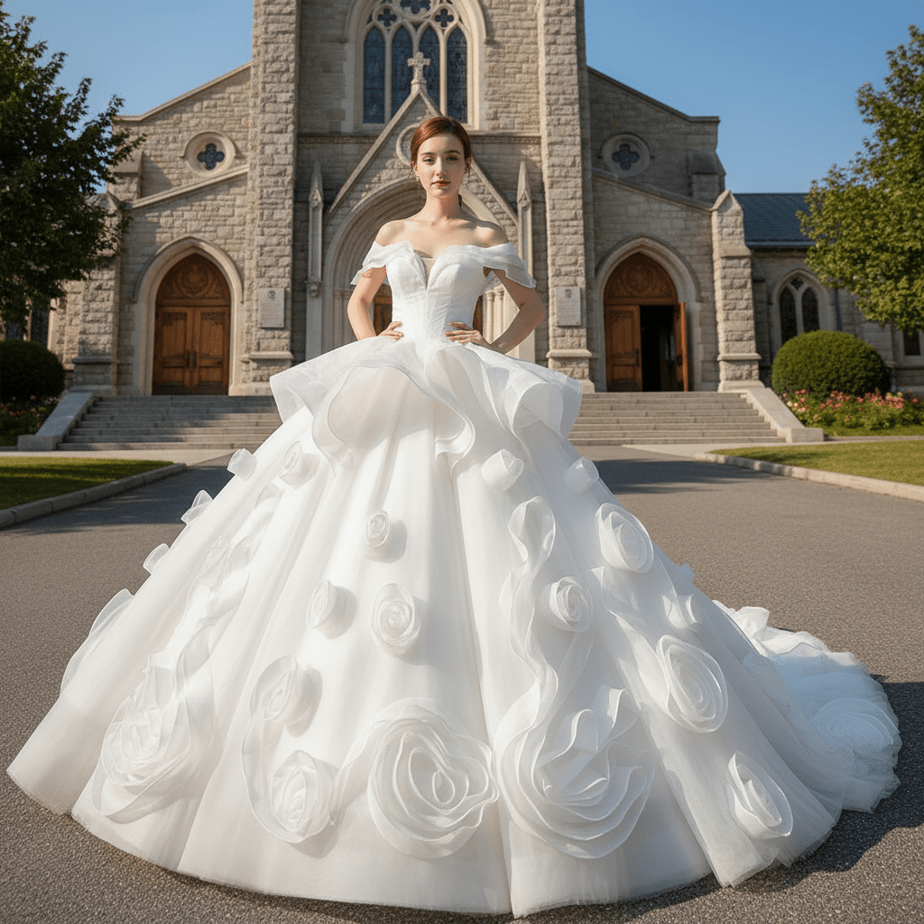 Ball Gown Off the Shoulder Organza Luxury Wedding Dress - Rosymae