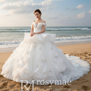 Ball Gown Off the Shoulder Organza Luxury Wedding Dress - Rosymae
