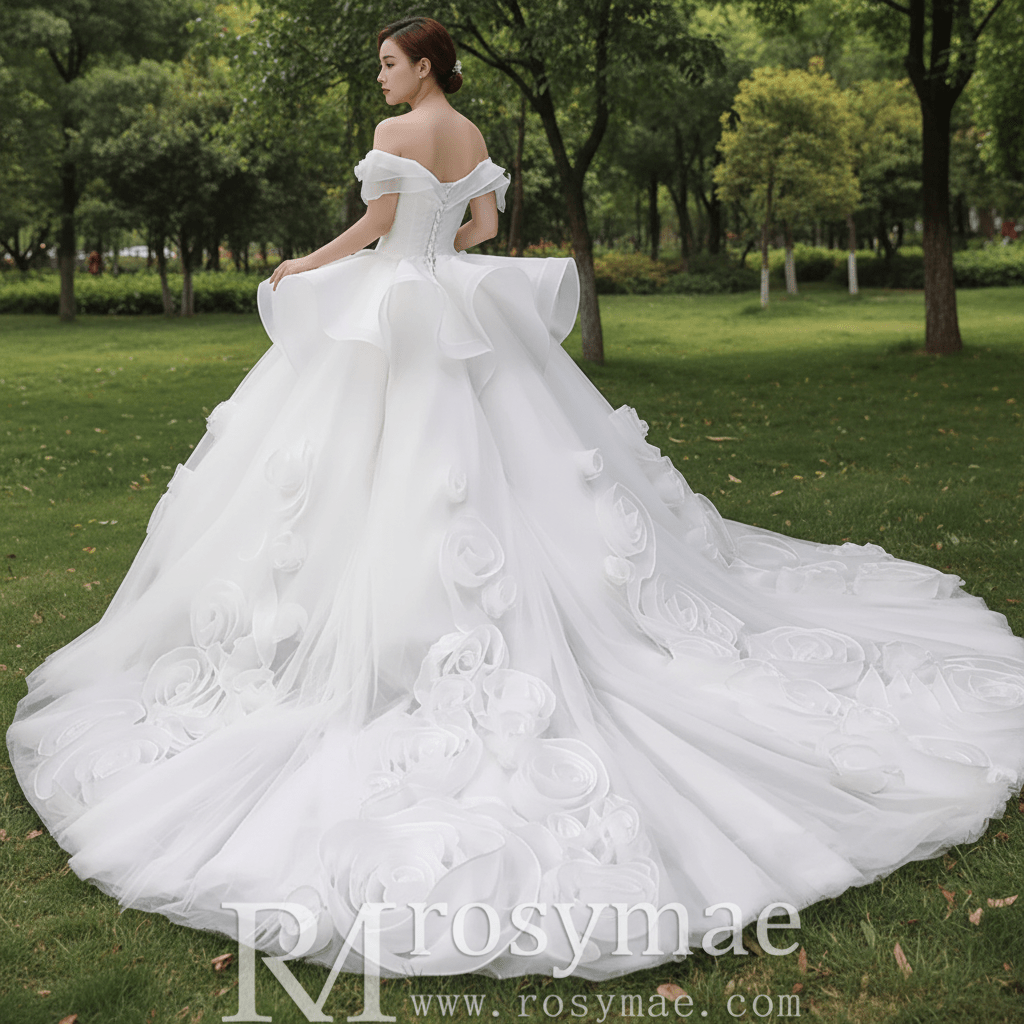 Ball Gown Off the Shoulder Organza Luxury Wedding Dress - Rosymae