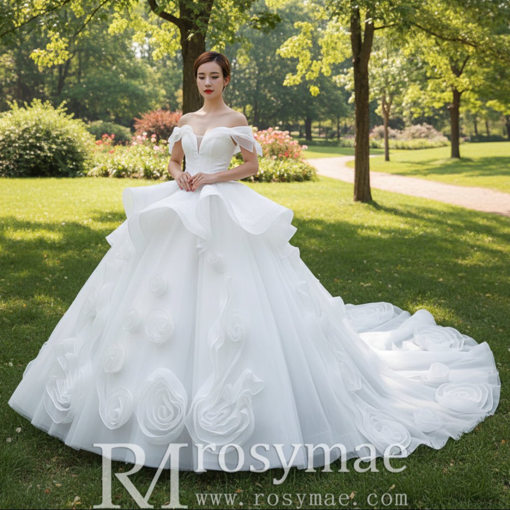 Ball Gown Off the Shoulder Organza Luxury Wedding Dress - Rosymae
