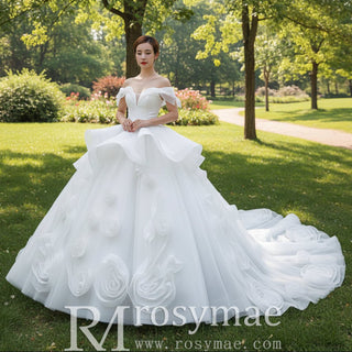 Ball Gown Off the Shoulder Organza Luxury Wedding Dress - Rosymae