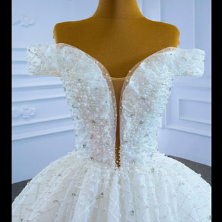 Ball Gown Off the Shoulder Wedding Gown Beaded Pearl Wedding Dress - Rosymae