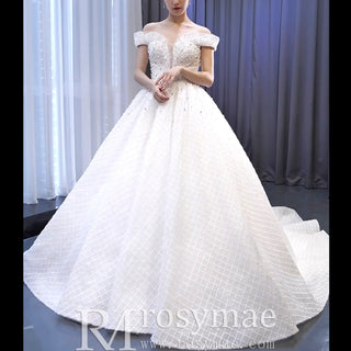 Ball Gown Off the Shoulder Wedding Gown Beaded Pearl Wedding Dress - Rosymae