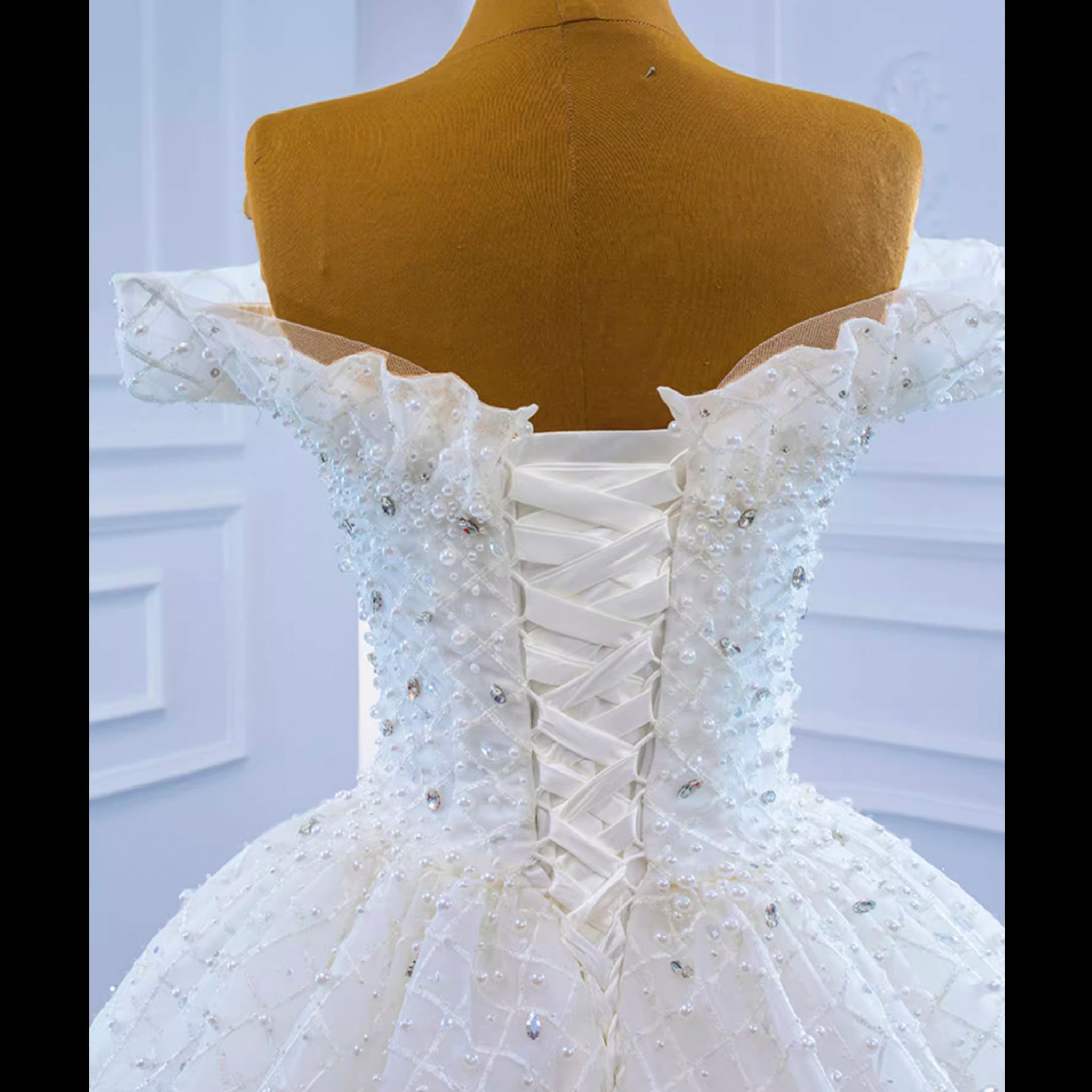 Ball Gown Off the Shoulder Wedding Gown Beaded Pearl Wedding Dress - Rosymae