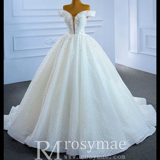 Ball Gown Off the Shoulder Wedding Gown Beaded Pearl Wedding Dress - Rosymae