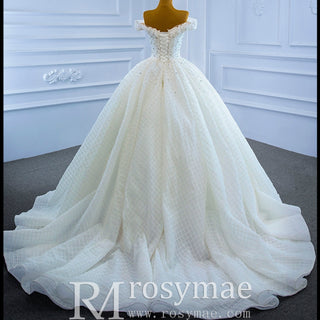 Ball Gown Off the Shoulder Wedding Gown Beaded Pearl Wedding Dress - Rosymae