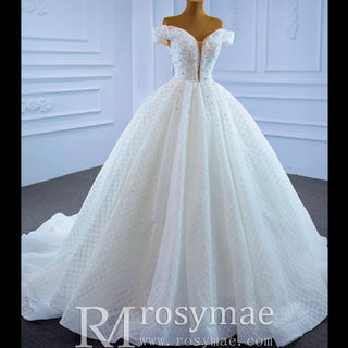 Ball Gown Off the Shoulder Wedding Gown Beaded Pearl Wedding Dress - Rosymae