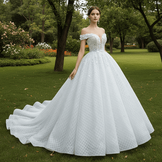Ball Gown Off the Shoulder Wedding Gown Beaded Pearl Wedding Dress - Rosymae