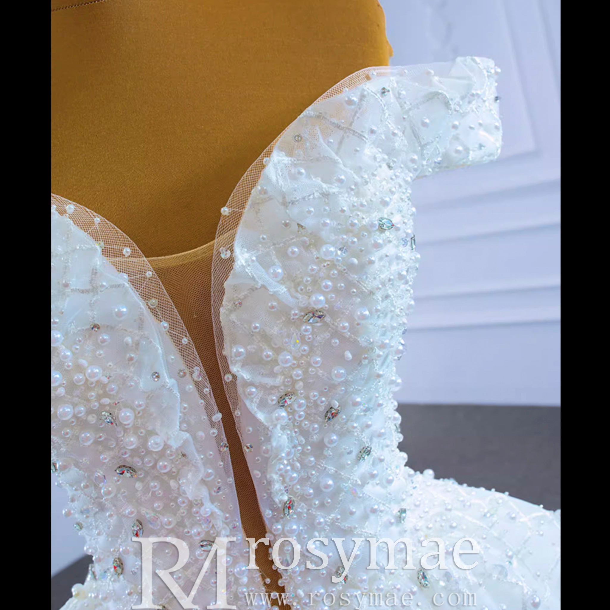 Ball Gown Off the Shoulder Wedding Gown Beaded Pearl Wedding Dress - Rosymae