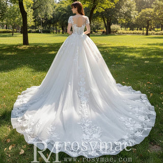Ball-Gown Princess Tulle Lace Wedding Dress with Short Sleeve - Rosymae