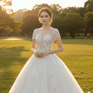 Ball-Gown Princess Tulle Lace Wedding Dress with Short Sleeve - Rosymae