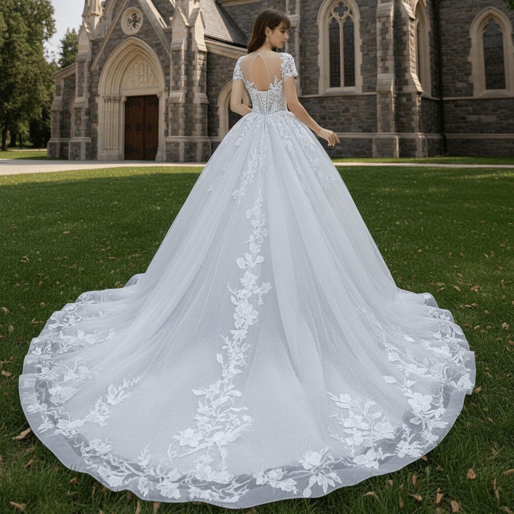 Ball-Gown Princess Tulle Lace Wedding Dress with Short Sleeve - Rosymae