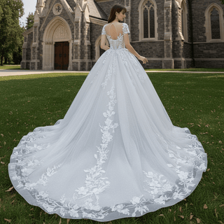 Ball-Gown Princess Tulle Lace Wedding Dress with Short Sleeve - Rosymae