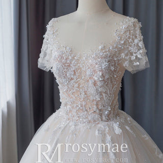 Ball-Gown Princess Tulle Lace Wedding Dress with Short Sleeve - Rosymae