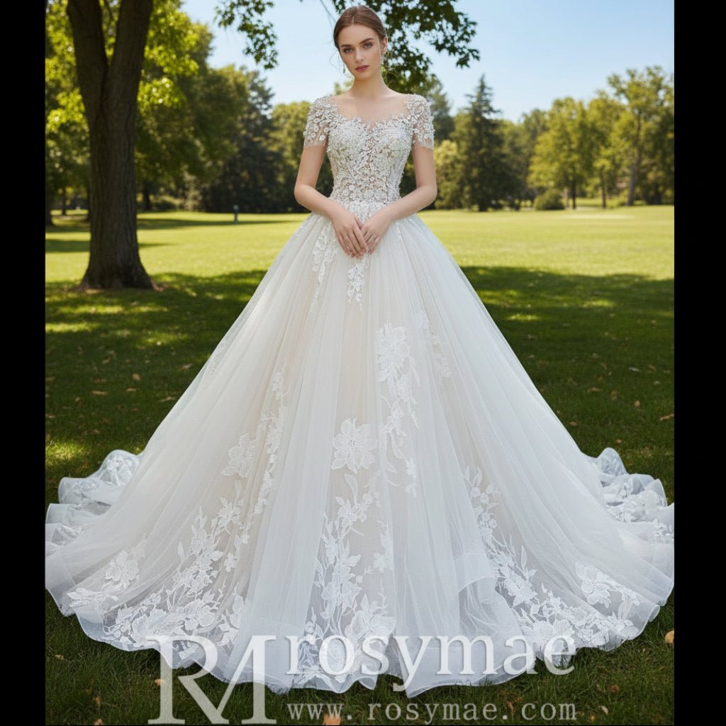 Ball-Gown Princess Tulle Lace Wedding Dress with Short Sleeve - Rosymae
