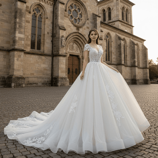 Ball-Gown Princess Tulle Lace Wedding Dress with Short Sleeve - Rosymae