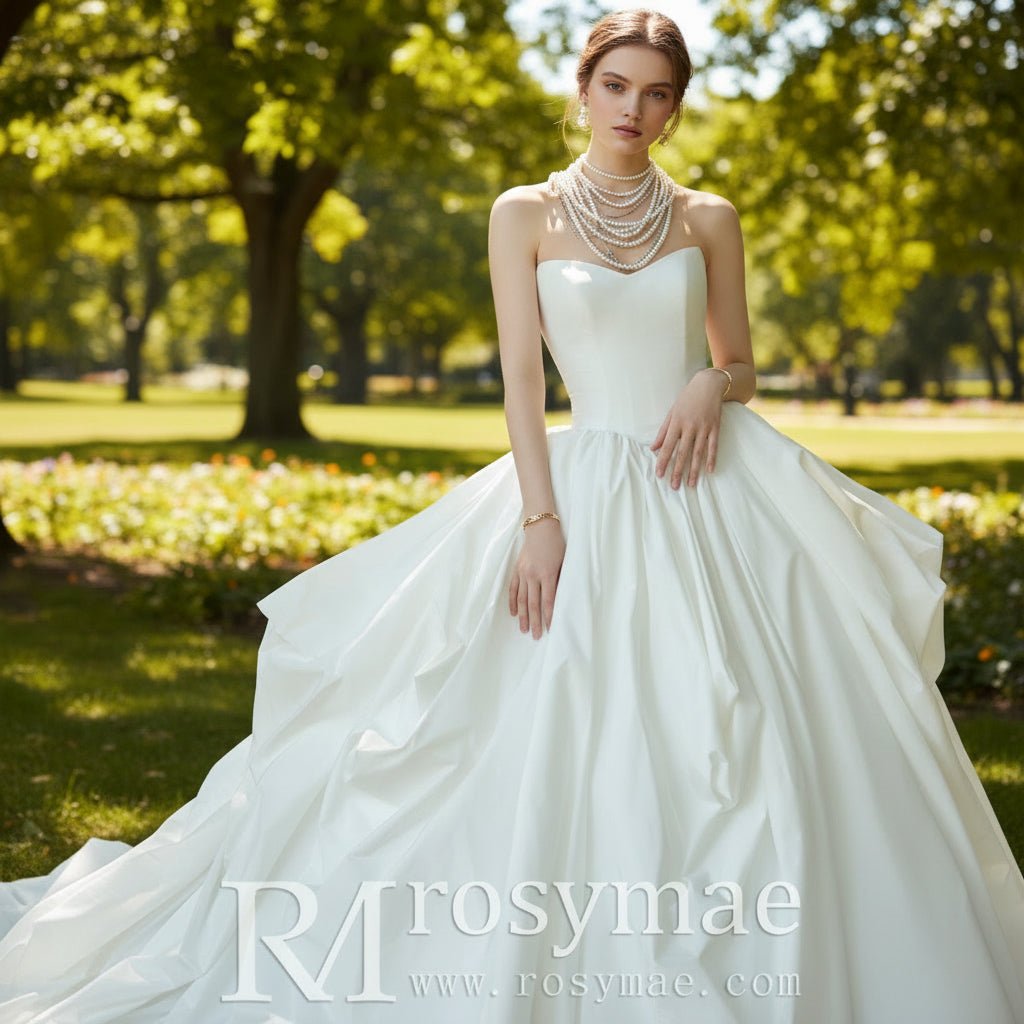 Ball Gown Puffy and Big Skirt Strapless Wedding Dress with Curve Neckline - Rosymae