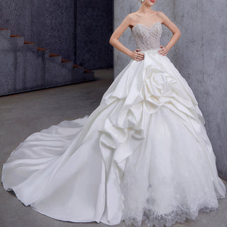 Strapless Vneck Ball Gown Ruffle Wedding Dress with Low Back