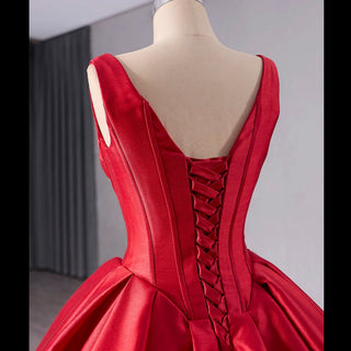 Ball Gown Satin Red Wedding Dress Formal Prom Gown with Double V - Rosymae