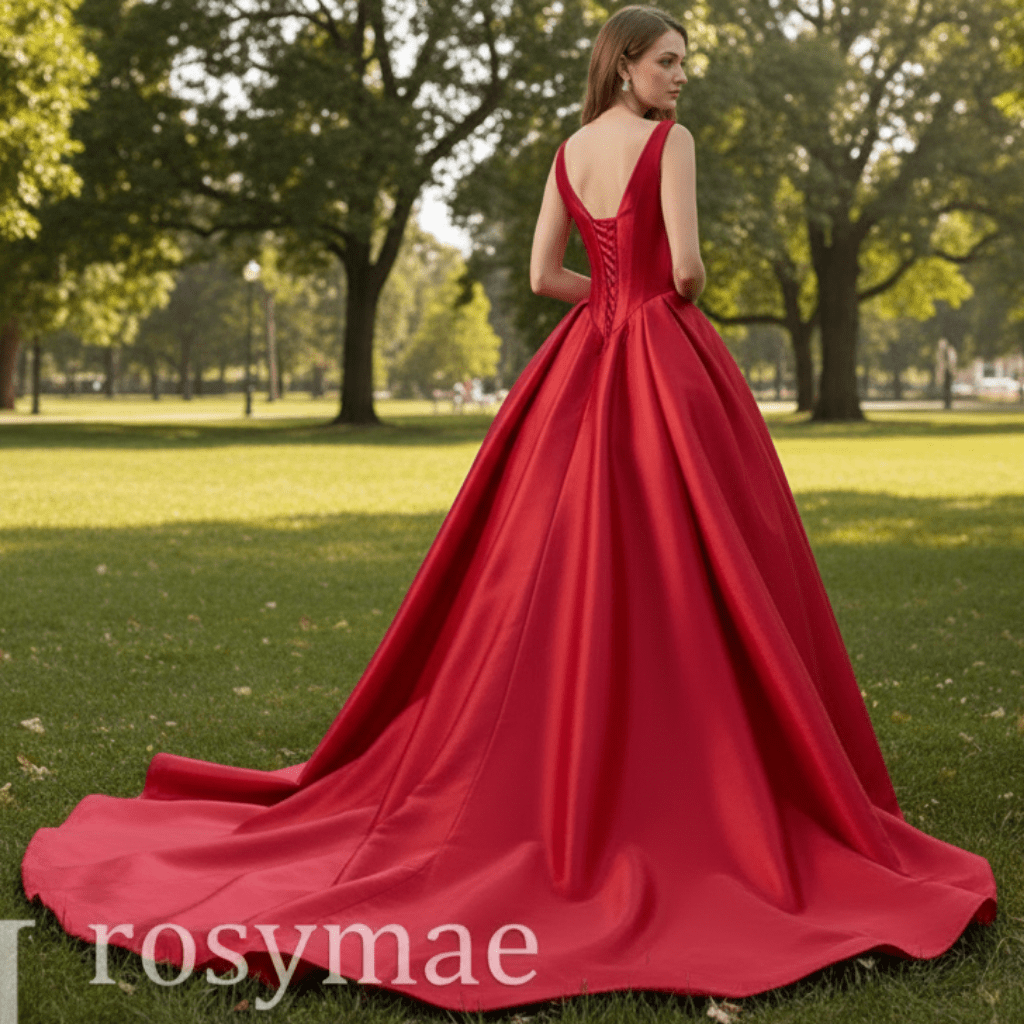 Ball Gown Satin Red Wedding Dress Formal Prom Gown with Double V - Rosymae