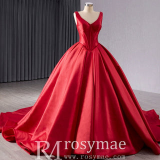 Ball Gown Satin Red Wedding Dress Formal Prom Gown with Double V - Rosymae