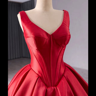 Ball Gown Satin Red Wedding Dress Formal Prom Gown with Double V - Rosymae