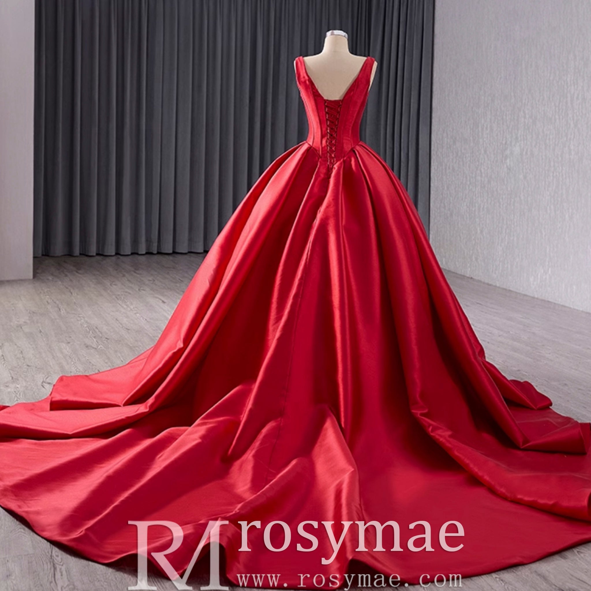 Ball Gown Satin Red Wedding Dress Formal Prom Gown with Double V - Rosymae