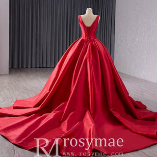 Ball Gown Satin Red Wedding Dress Formal Prom Gown with Double V - Rosymae