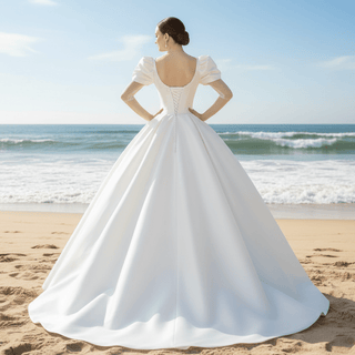 Ball Gown Satin Wedding Dress & Bridal Gown with Puff Sleeve - Rosymae