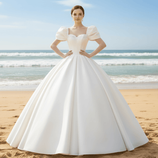 Ball Gown Satin Wedding Dress & Bridal Gown with Puff Sleeve - Rosymae
