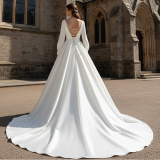 Modern Satin V-neck Ball Gown Wedding Dress with Long Sleeve
