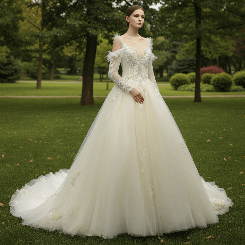 Ball Gown Sheer Long Sleeves Tulle Bride Wedding Dress - Rosymae
