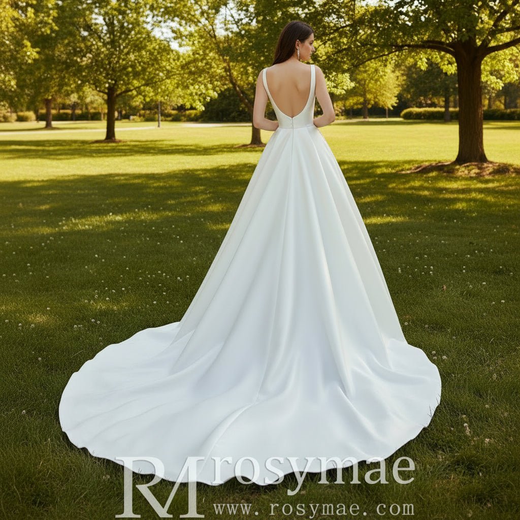Ball Gown Square-neck Satin Wedding Dress with Tank Sleeves - Rosymae