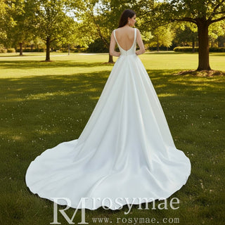 Ball Gown Square-neck Satin Wedding Dress with Tank Sleeves - Rosymae