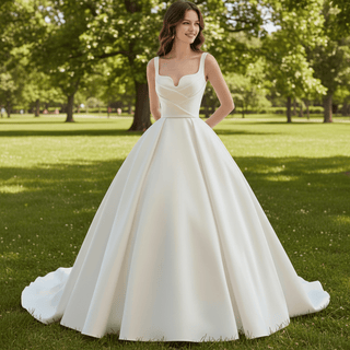 Ball Gown Square-neck Satin Wedding Dress with Tank Sleeves - Rosymae