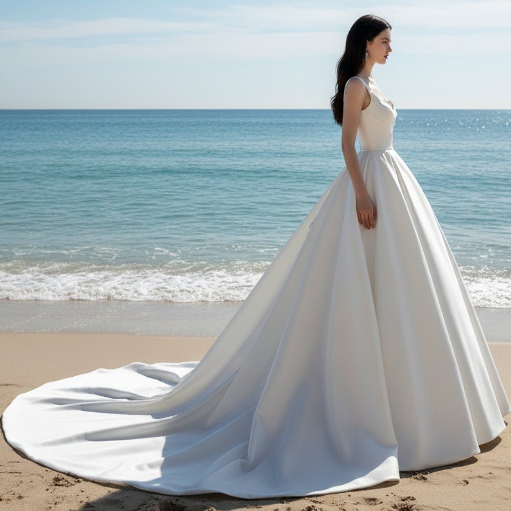 Ball Gown Square-neck Satin Wedding Dress with Tank Sleeves - Rosymae