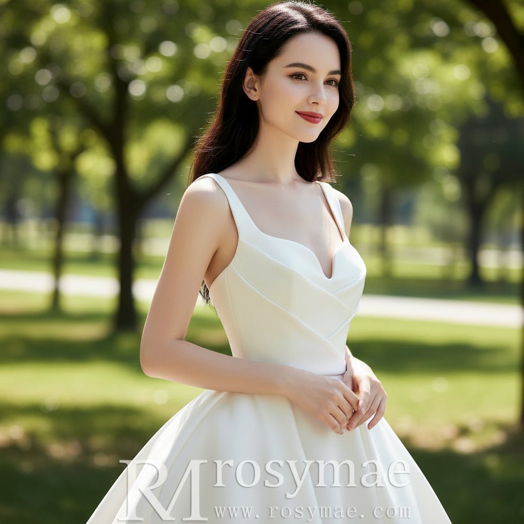 Ball Gown Square-neck Satin Wedding Dress with Tank Sleeves - Rosymae