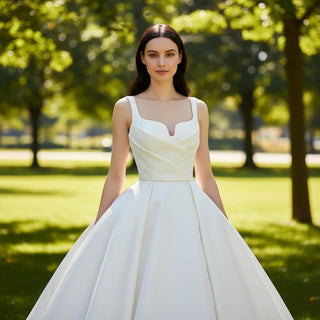 Ball Gown Square-neck Satin Wedding Dress with Tank Sleeves - Rosymae