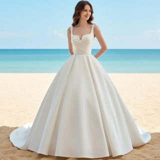 Ball Gown Square-neck Satin Wedding Dress with Tank Sleeves - Rosymae