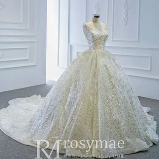 Ball Gown Square Neckline Sparkly Wedding Dress with Big Train - Rosymae