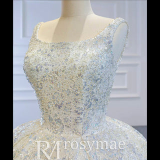Ball Gown Square Neckline Sparkly Wedding Dress with Big Train - Rosymae