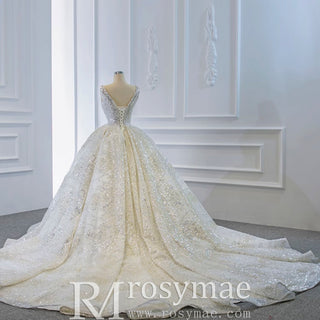 Ball Gown Square Neckline Sparkly Wedding Dress with Big Train - Rosymae