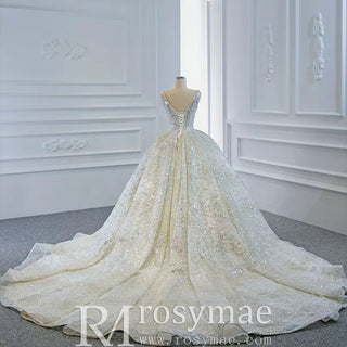 Ball Gown Square Neckline Sparkly Wedding Dress with Big Train - Rosymae