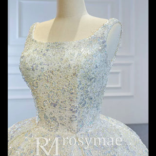 Ball Gown Square Neckline Sparkly Wedding Dress with Big Train - Rosymae