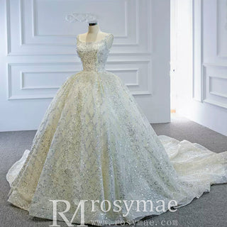 Ball Gown Square Neckline Sparkly Wedding Dress with Big Train - Rosymae