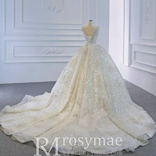 Ball Gown Square Neckline Sparkly Wedding Dress with Big Train - Rosymae
