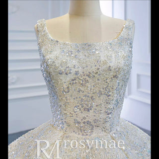 Ball Gown Square Neckline Sparkly Wedding Dress with Big Train - Rosymae