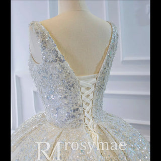 Ball Gown Square Neckline Sparkly Wedding Dress with Big Train - Rosymae