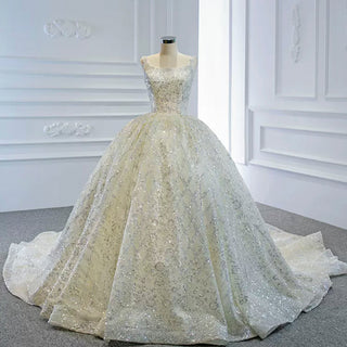 Ball Gown Square Neckline Sparkly Wedding Dress with Big Train - Rosymae